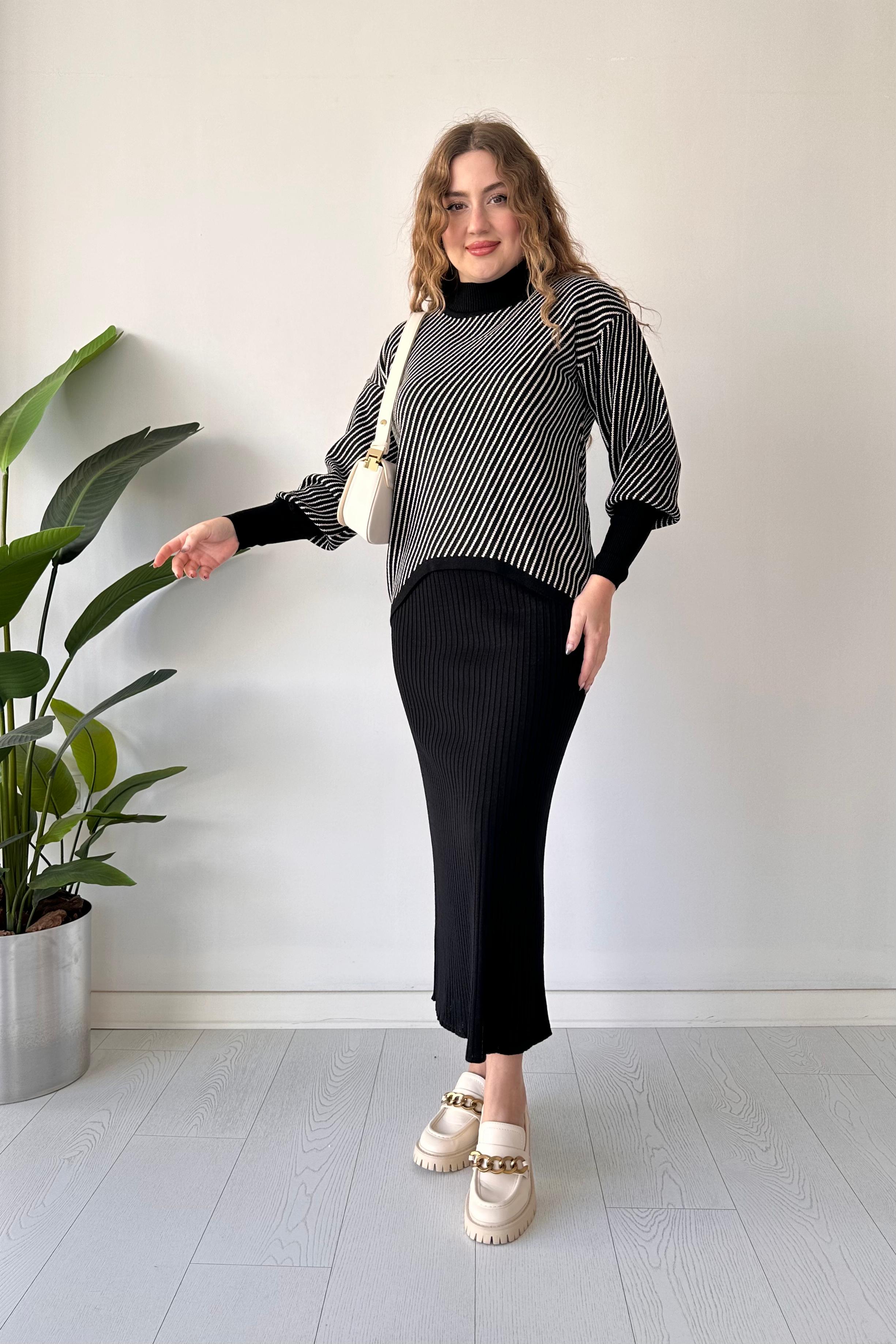 Yatay Çizgili Kazak Elbise Takım