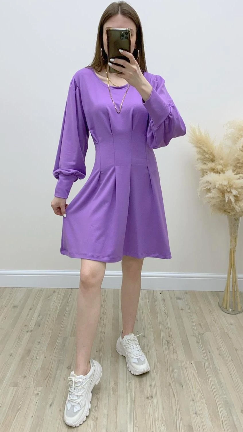 Pile Dikişli Sweat Elbise Lila