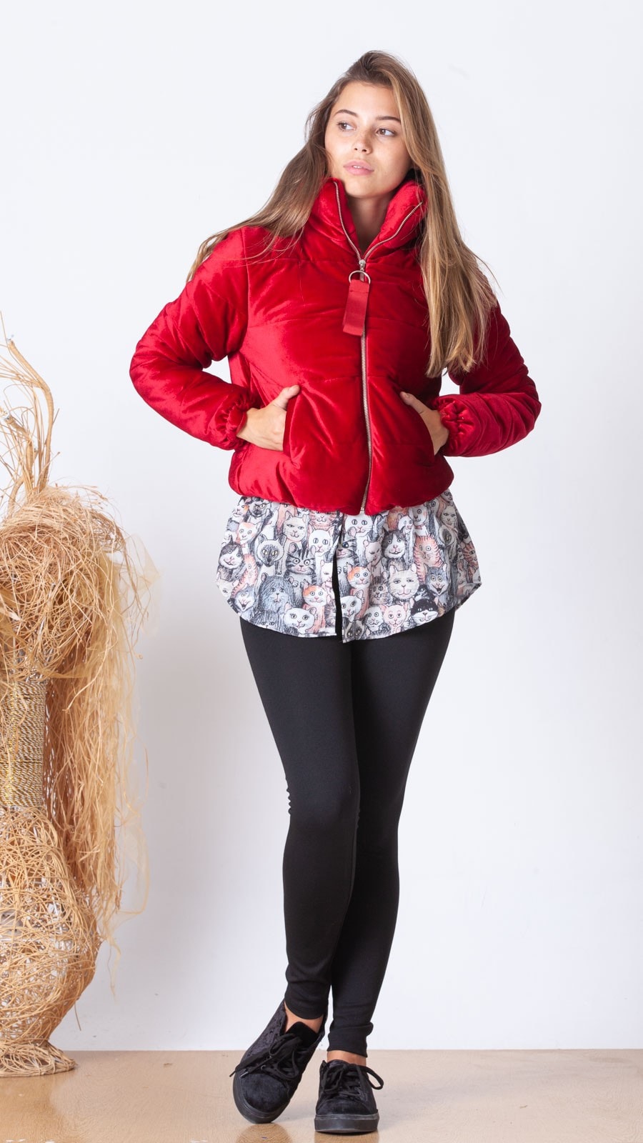 Halka Fermuar Kadife Şişme Mont - Kırmızı