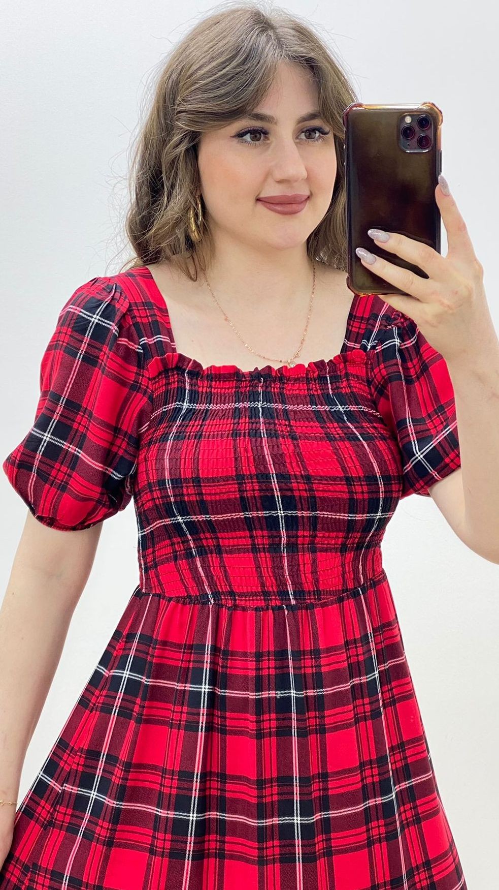 Gipeli Ekoseli Elbise Kırmızı