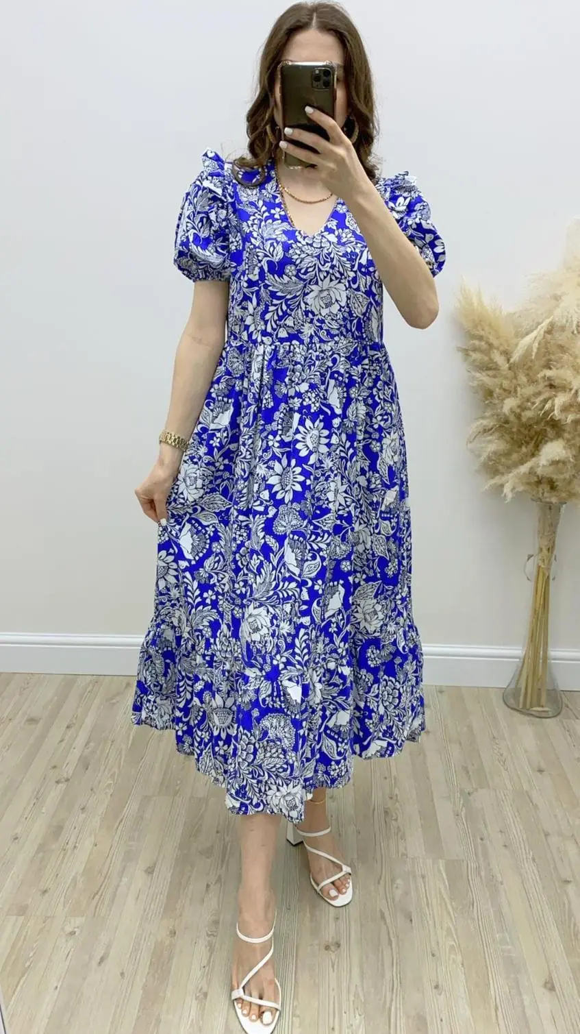 Ayçiçeği Desenli Poplin Elbise Saks Mavi · 5