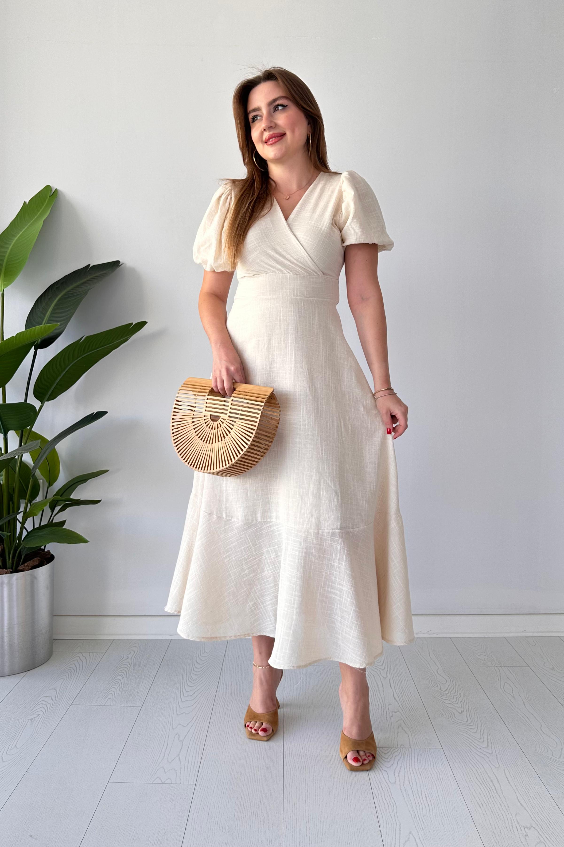 Eteği Volan Keten Elbise