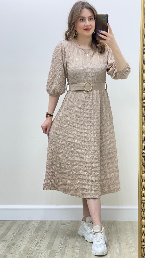 Dokulu Midi Boy Elbise Bej