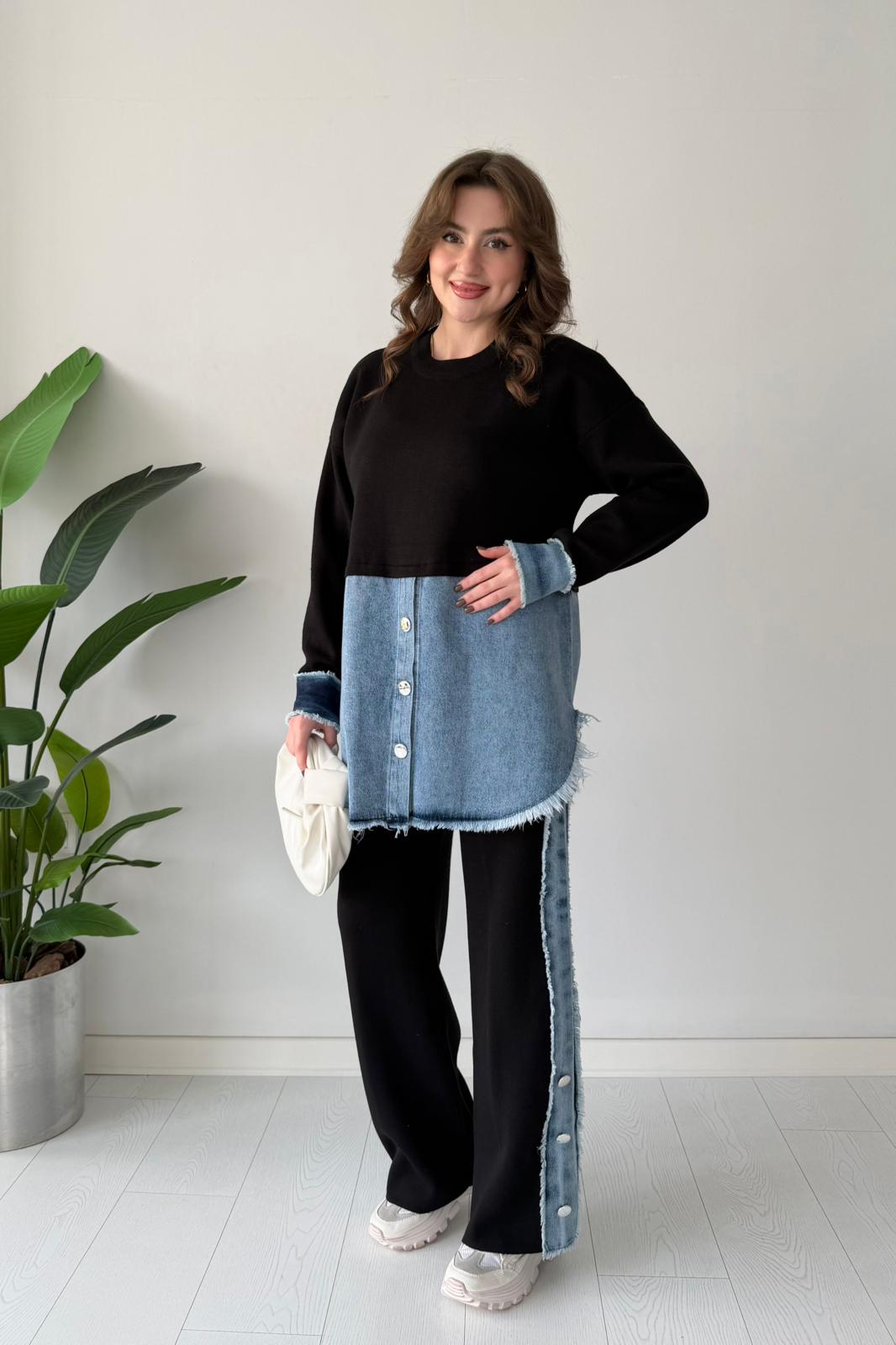 Denim Detaylı Triko Takım - Siyah