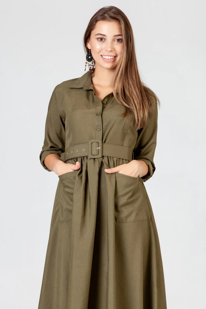 Çift Cep Kaplama Kemer Midi Elbise - Haki