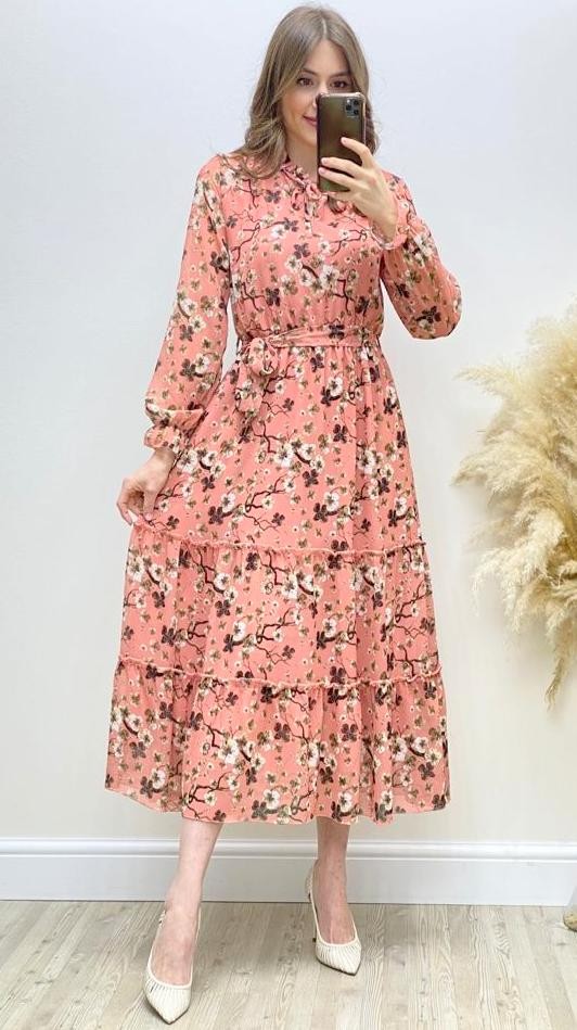 Kiraz Çiçeği Desen Şifon Elbise Pudra