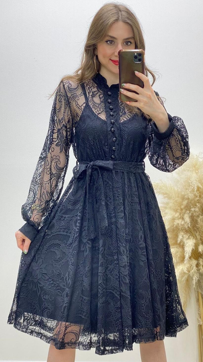 Dantelli Kloş Elbise Siyah