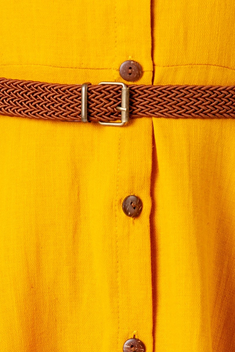 Kısa Kol Hasır Kemer Elbise - Hardal