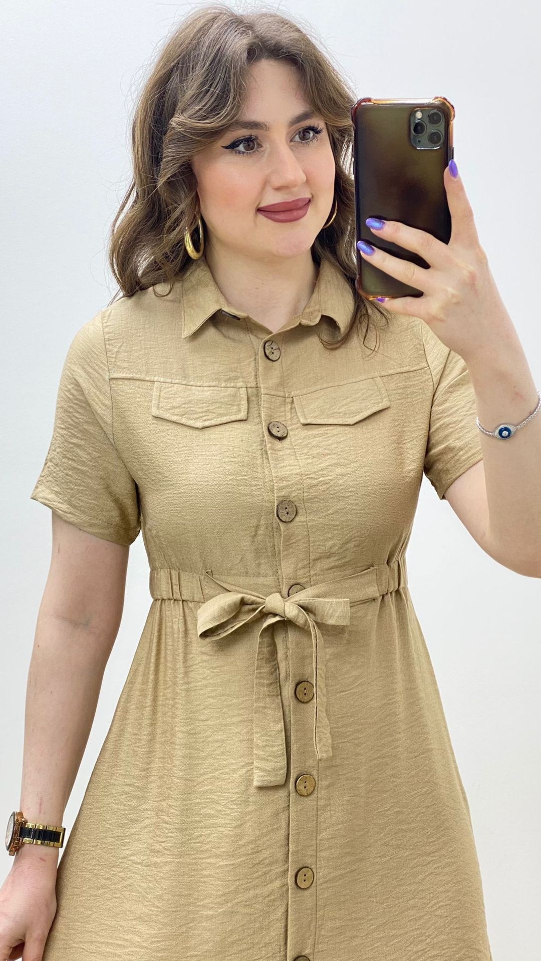 Lastik Kuşaklı Gömlek Elbise Bej
