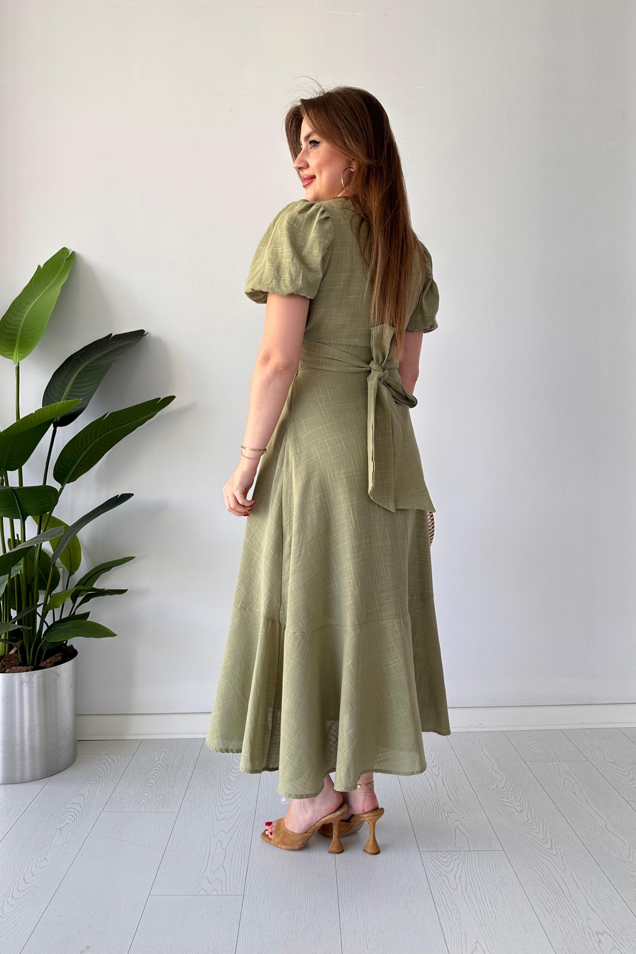 Eteği Volan Keten Elbise