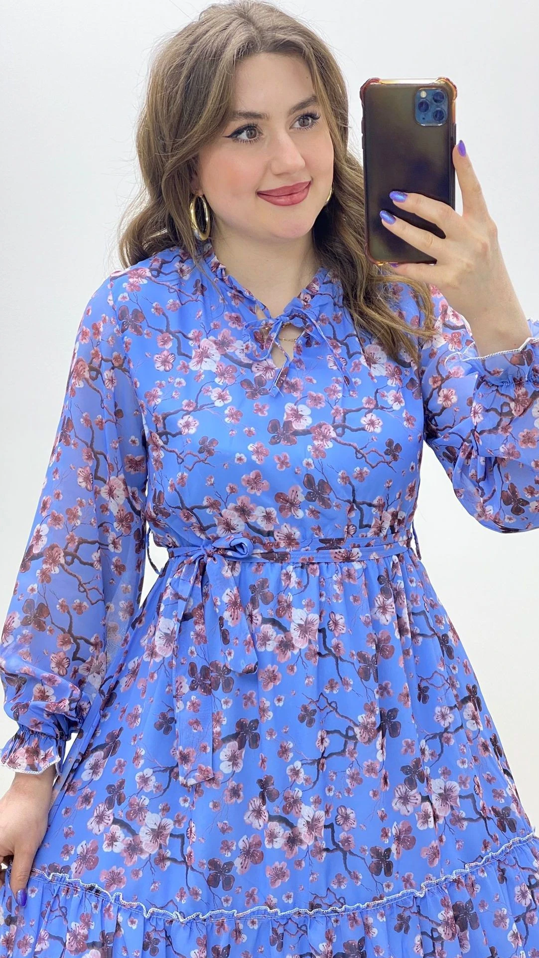 Kiraz Çiçeği Şifon Elbise Mavi