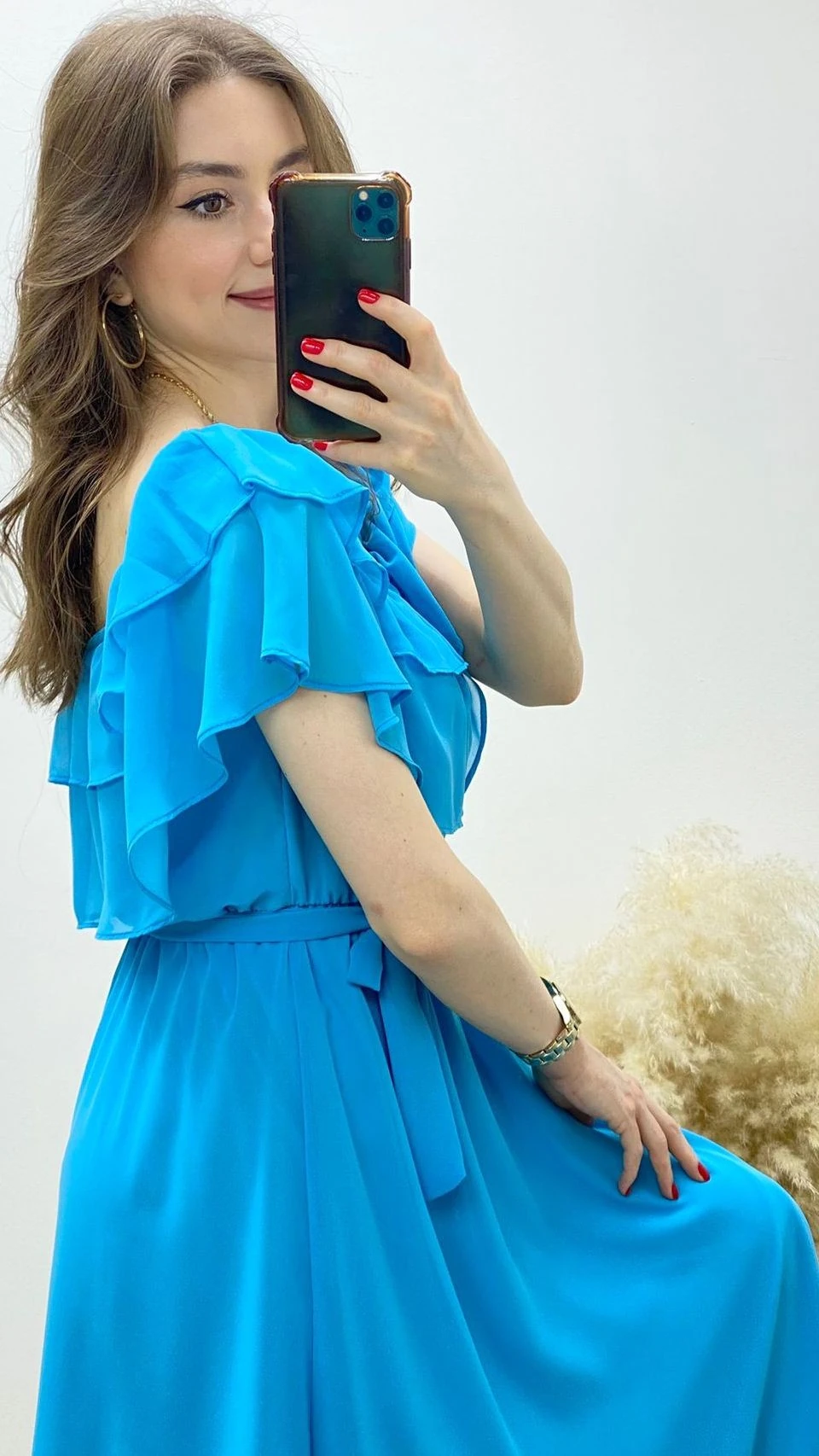 Fırfırlı Madonna Şifon Elbise Turkuaz