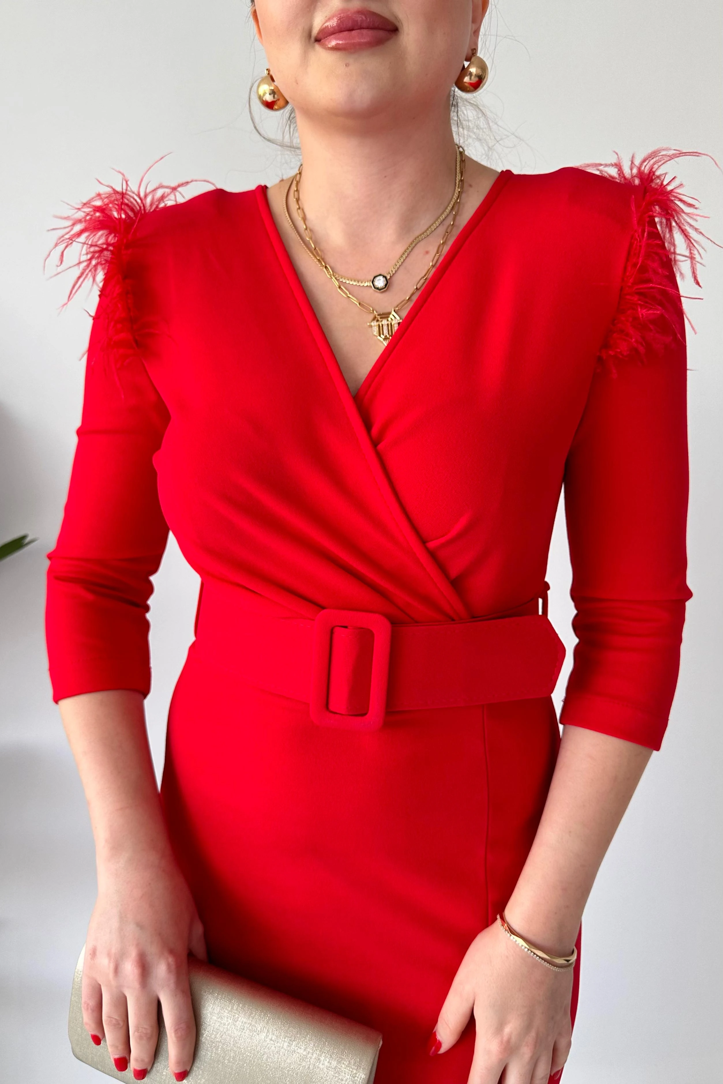 Omzu Tüylü Krep Elbise