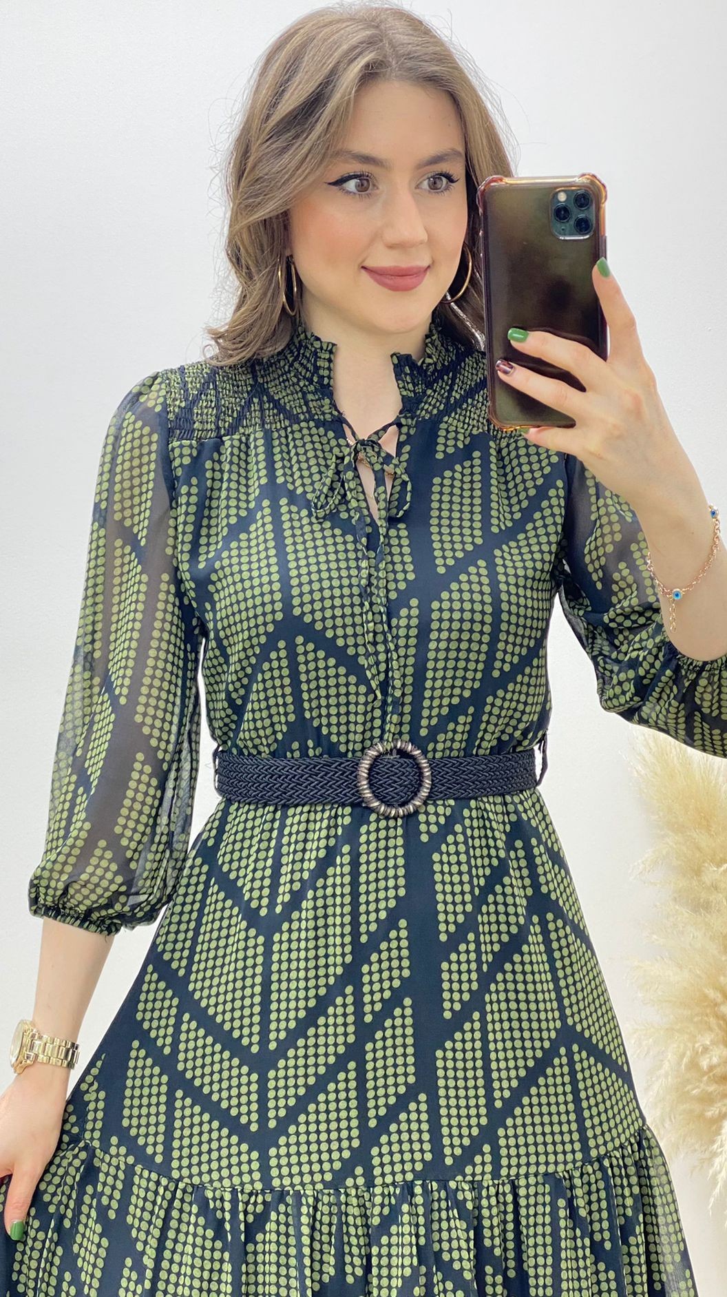 Halka Kemer Puanlı Şifon Elbise Haki