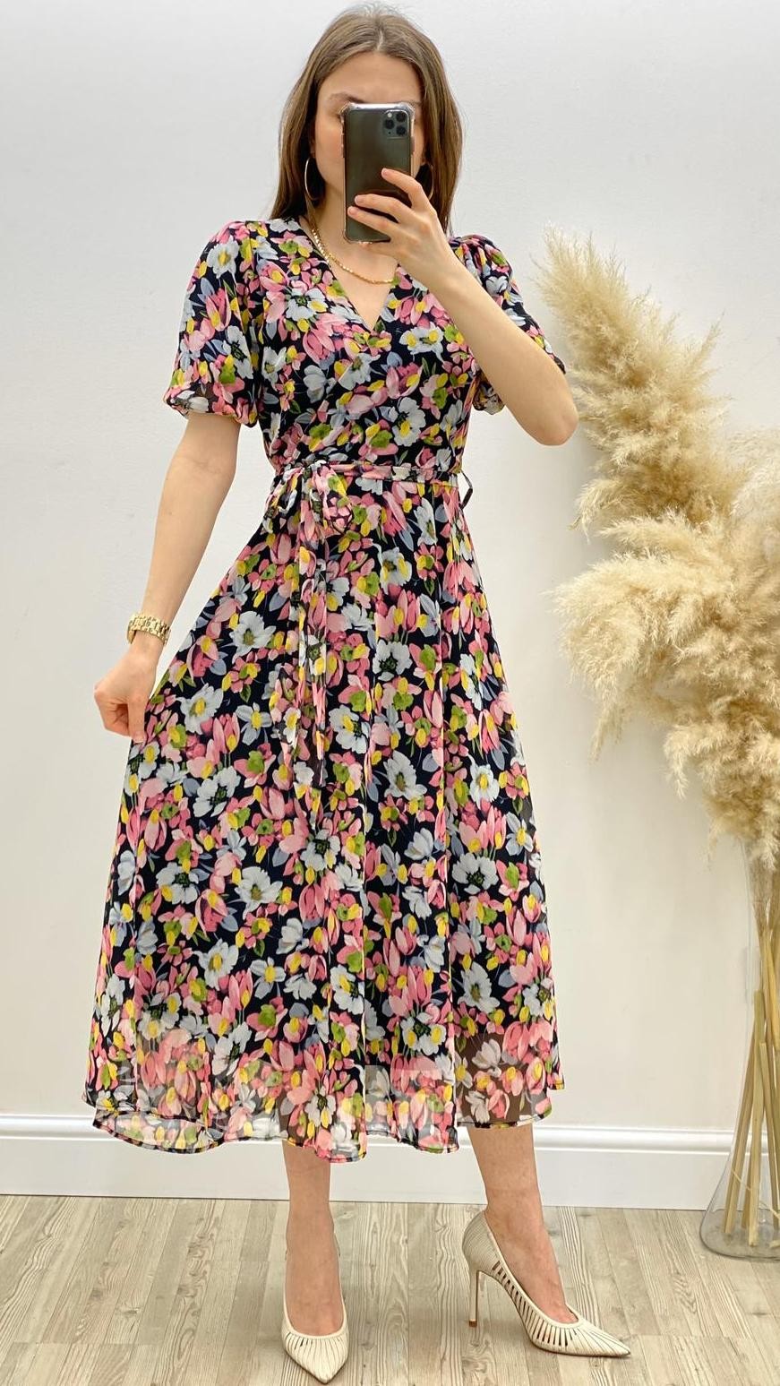 Lale Desenli Şifon Elbise Pembe