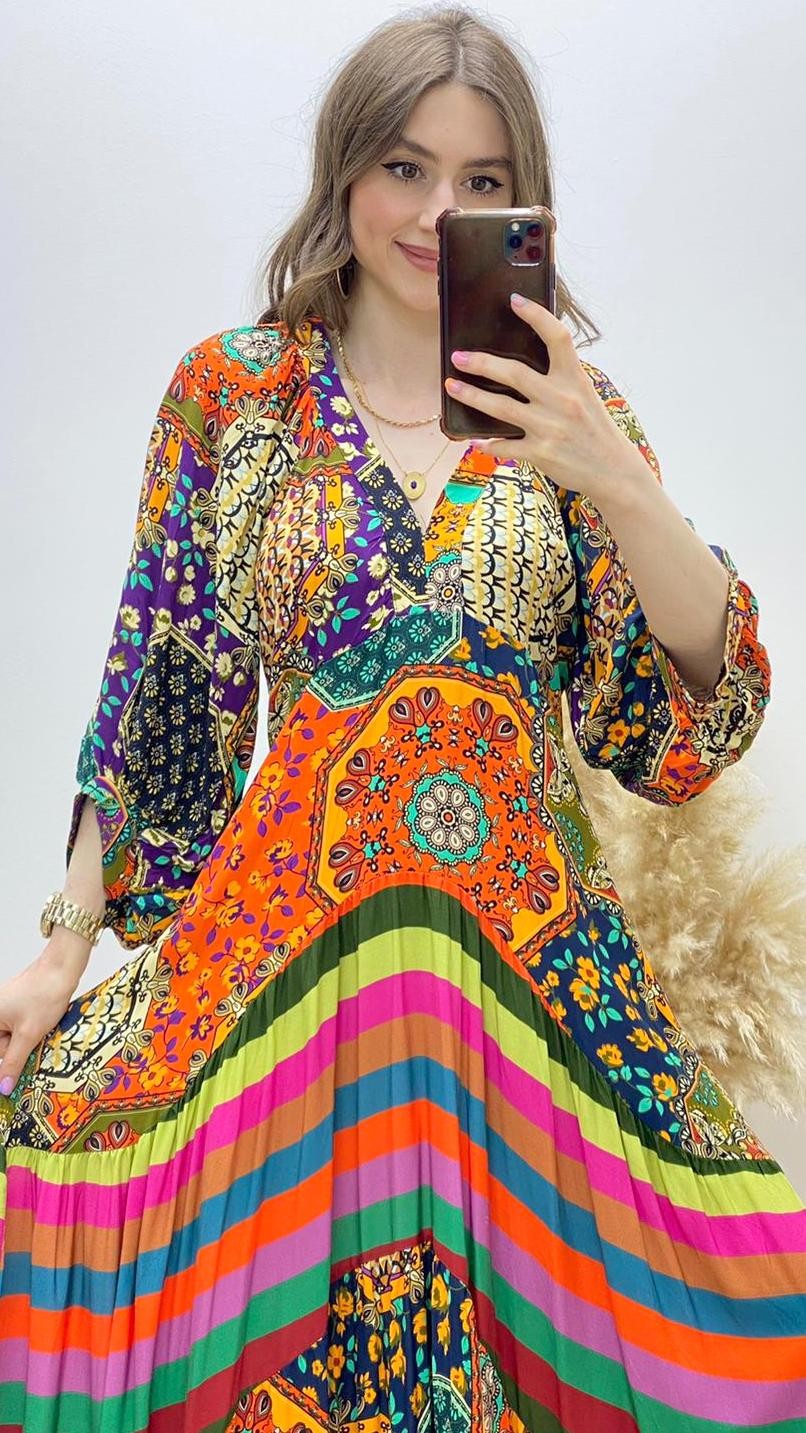 Etnik Desenli Maksi Viskon Elbise Turuncu