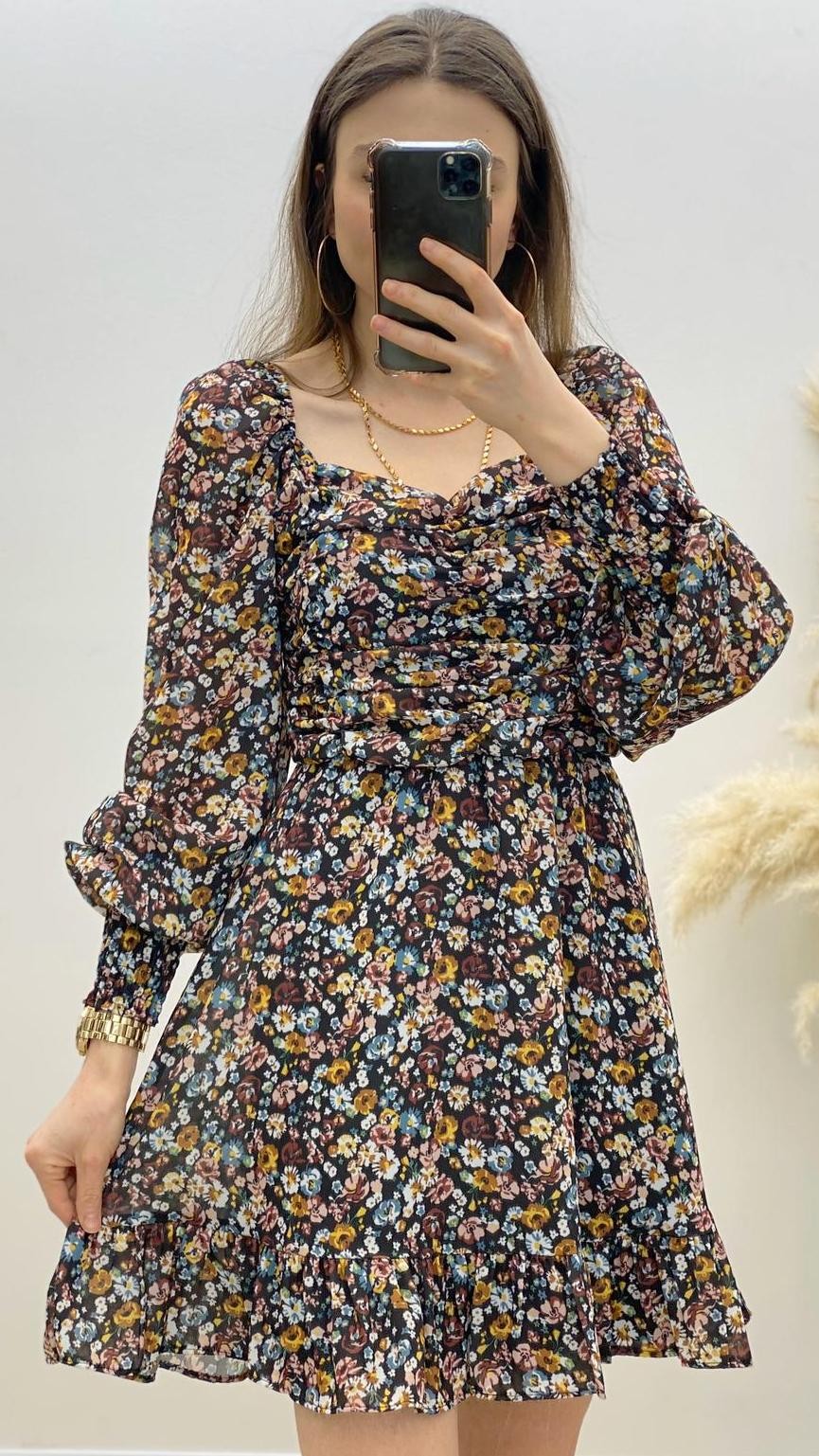 Kare Yaka Drapeli Çiçek Desen Elbise