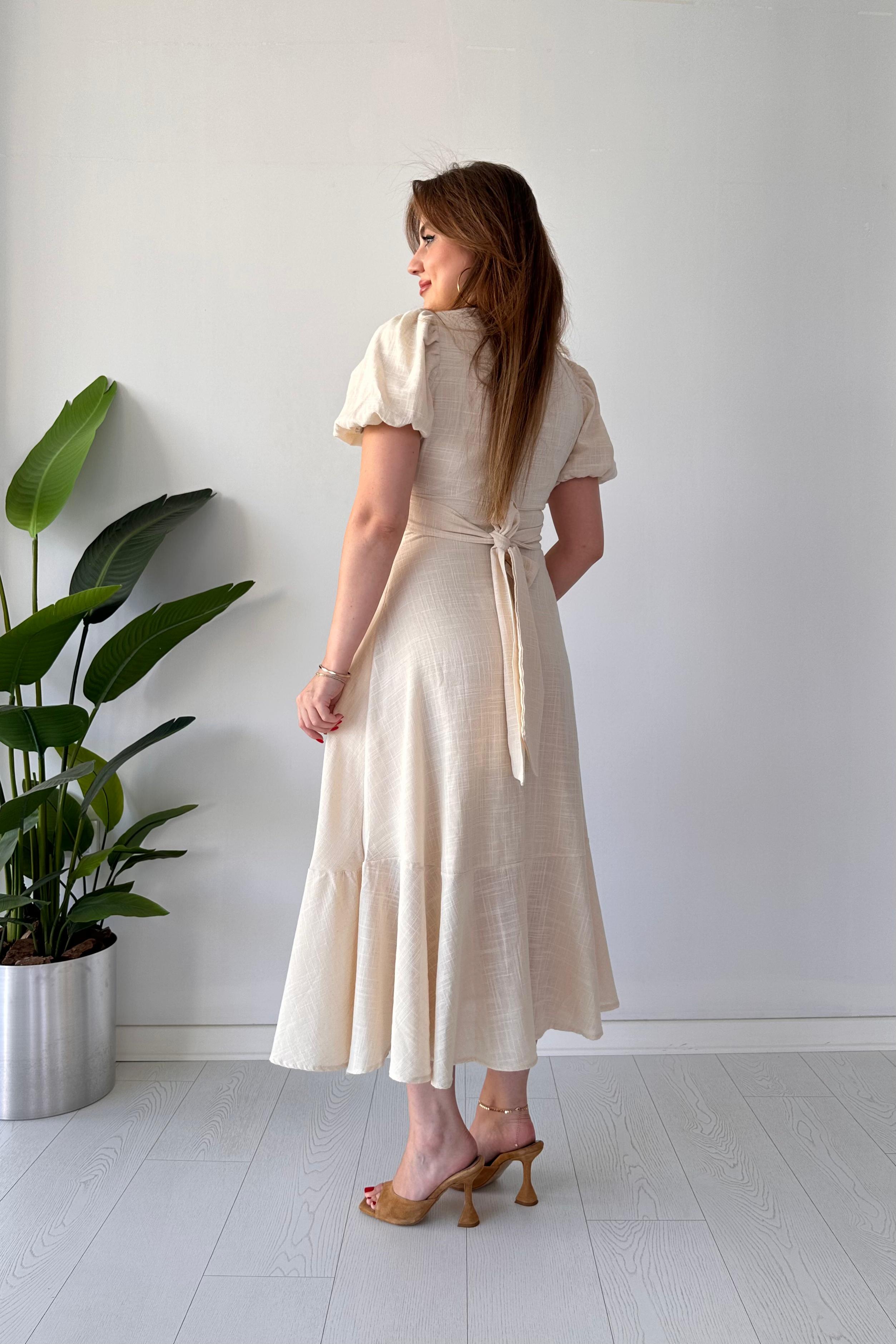 Eteği Volan Keten Elbise