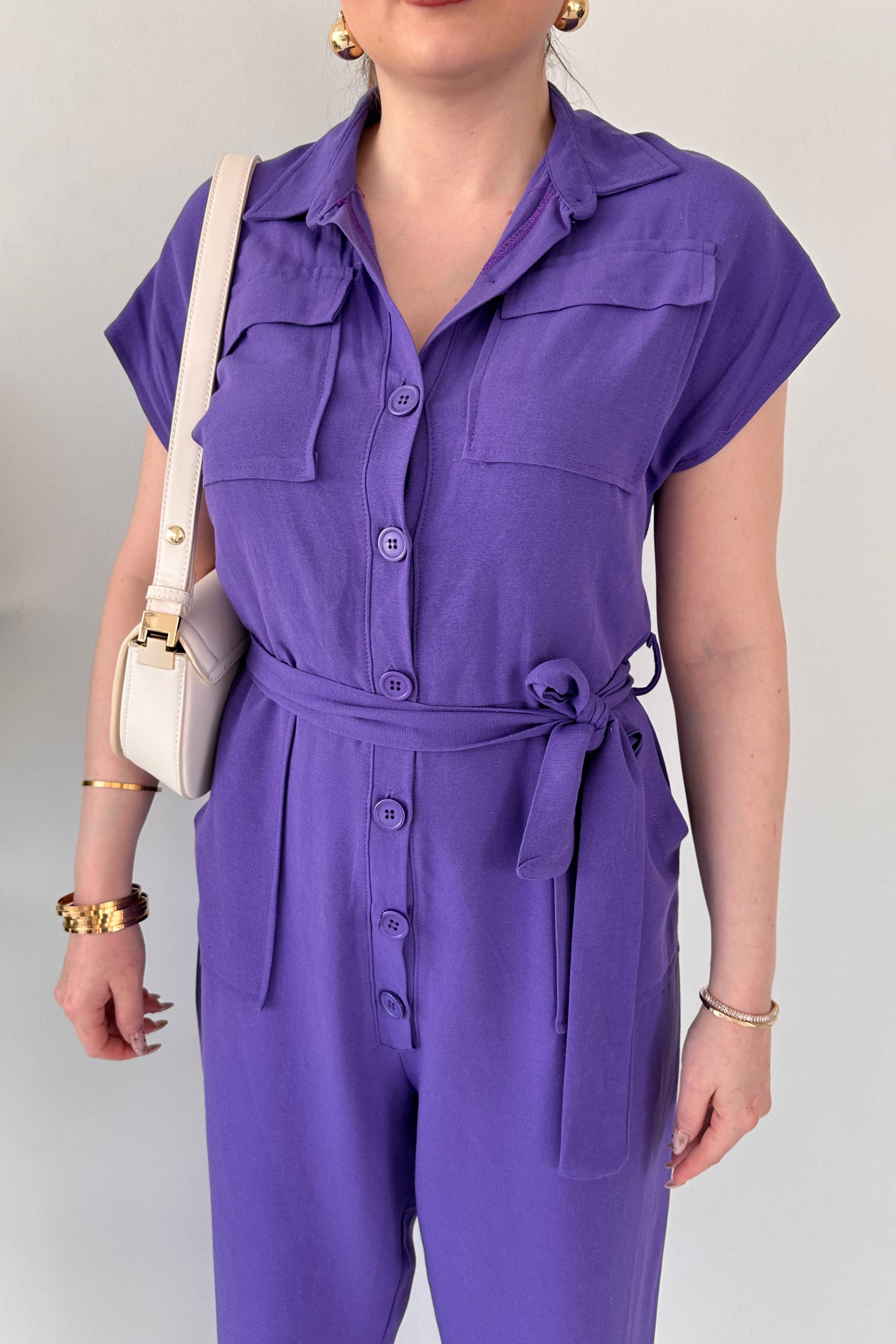 Düğmeli Keten Tulum