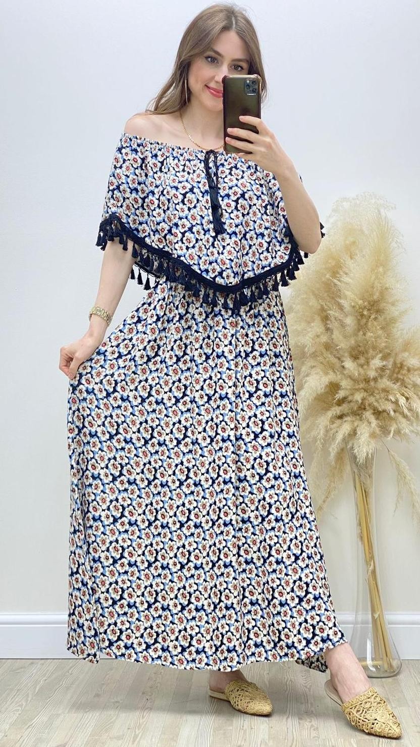 Püsküllü Pelerin Yaka Viskon Elbise Siyah