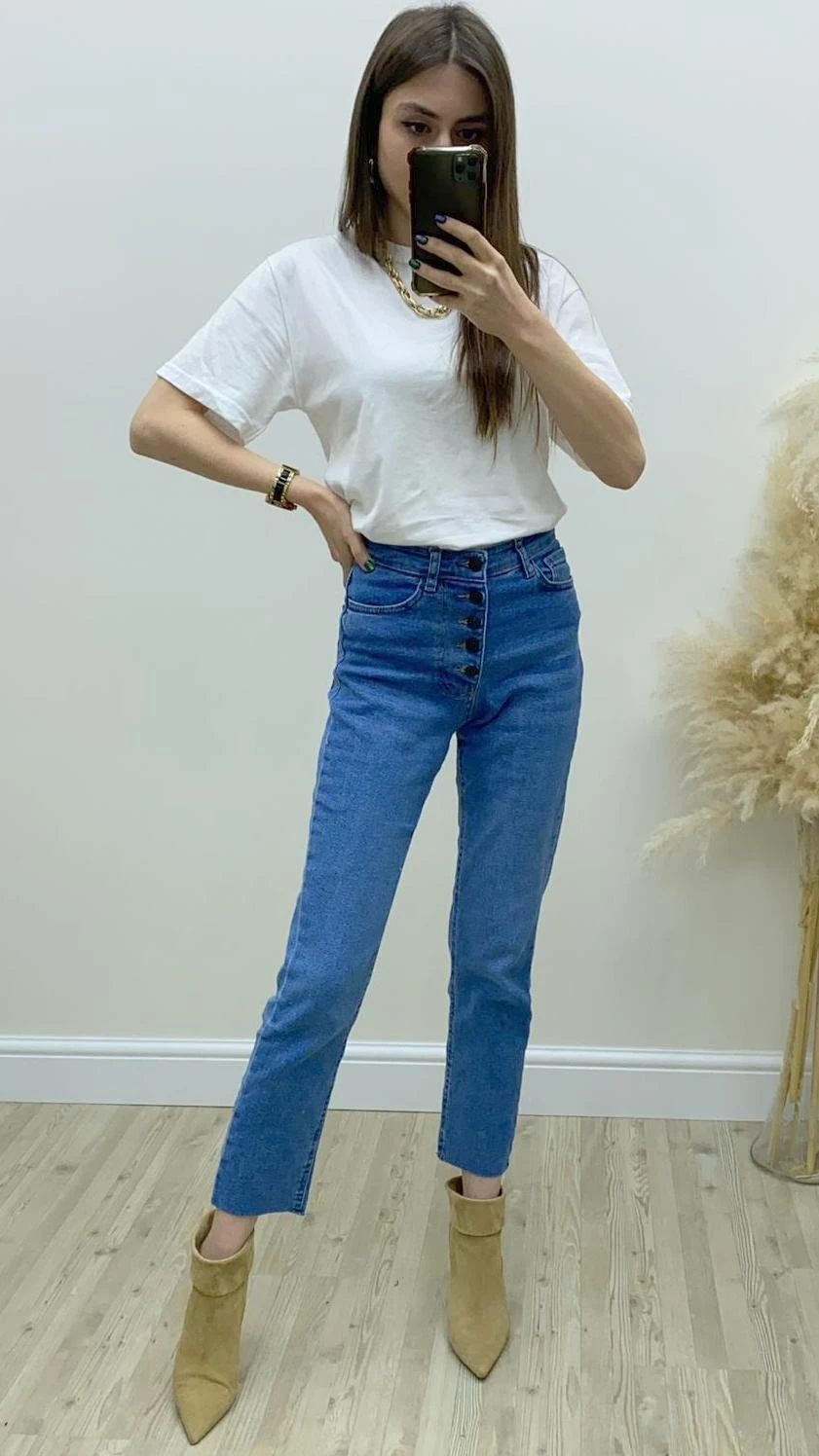 Yüksek Bel Düğme Detay Jean Pantolon Mavi