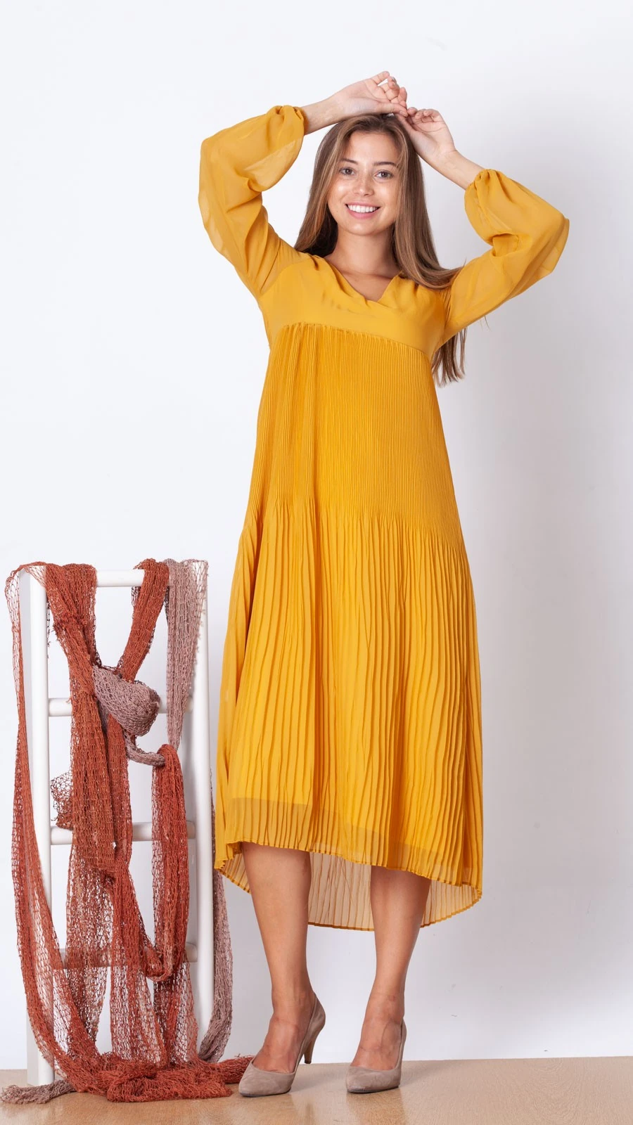 Eteği Piliseli Astarlı Şifon Elbise - Hardal