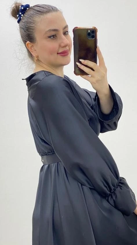 Kemerli Maksi Saten Elbise Siyah