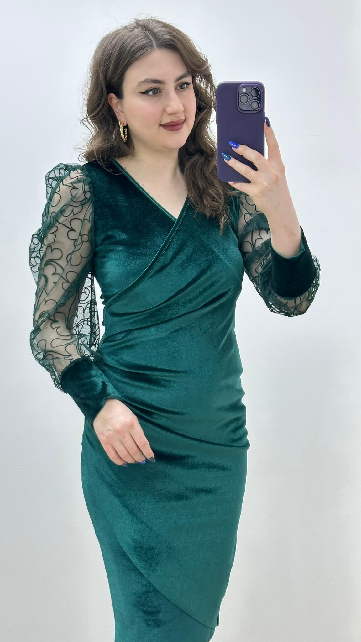 Tül Kollu Kadife Elbise Yeşil