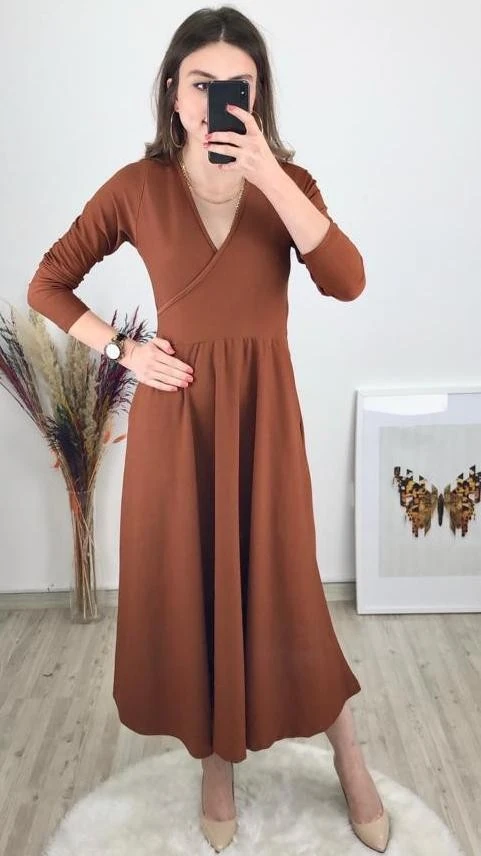 Kruvaze Yaka Uzun Kol Elbise Taba