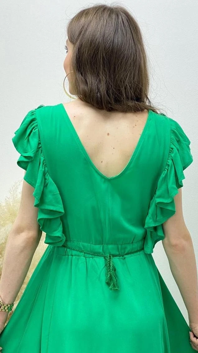 Volanlı Güpür Yaka Viskon Elbise Yeşil