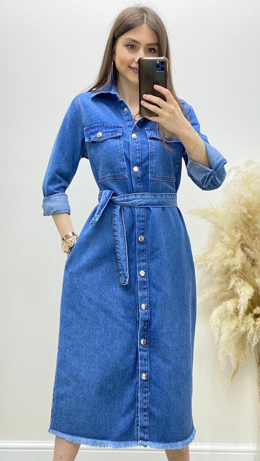 Çıtçıtlı Jean Elbise Mavi