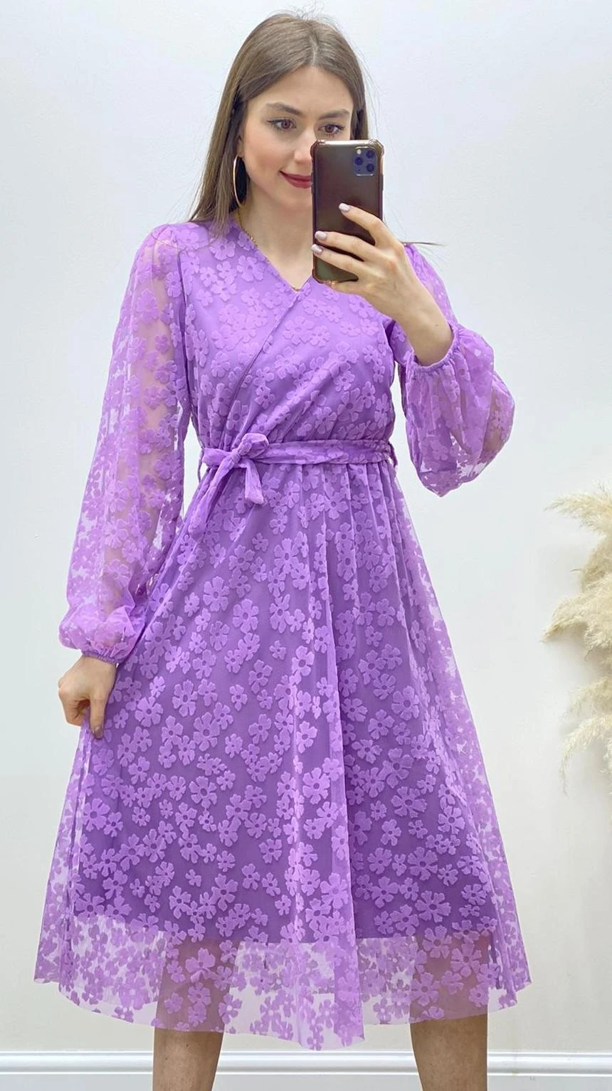 Çiçek Baskı Şifon Midi Boy Elbise Lila
