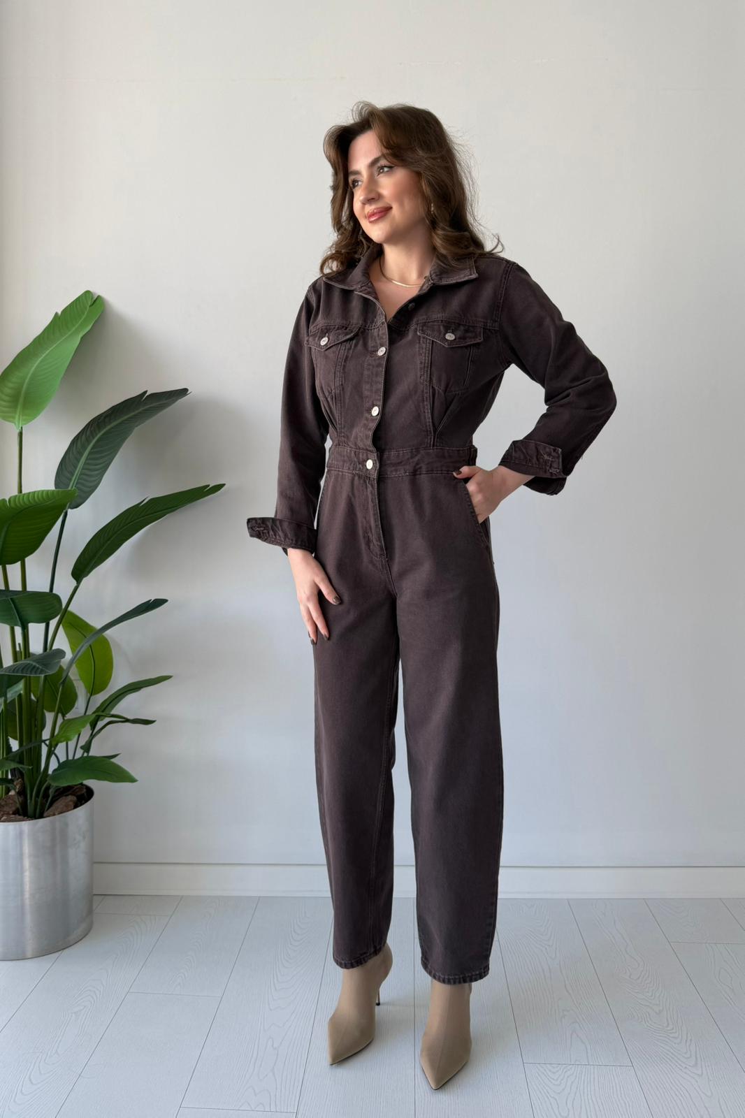 Uzun Denim Tulum - Kahve