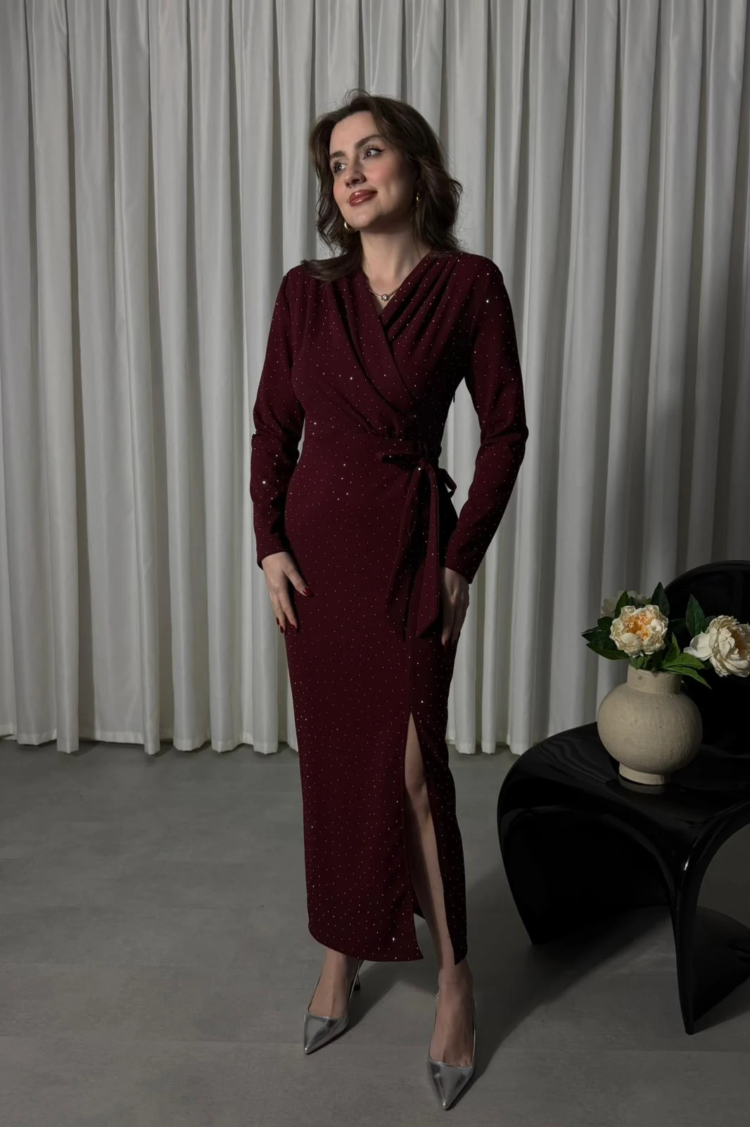 Yan Kuşaklı Parıltılı Elbise - Bordo