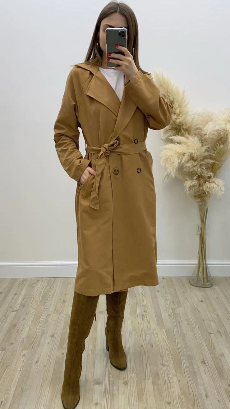 Düğmeli Trençkot Camel