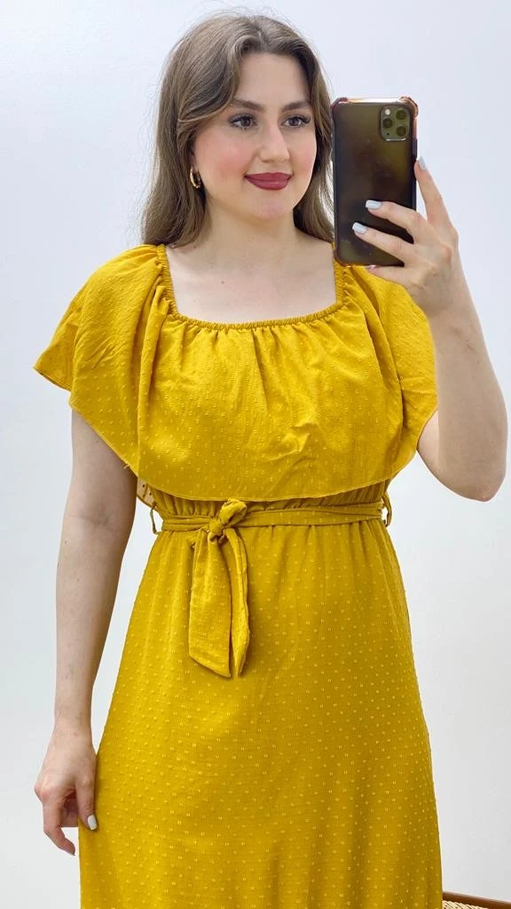 Kabarcık Puanlı Madonna Elbise Hardal