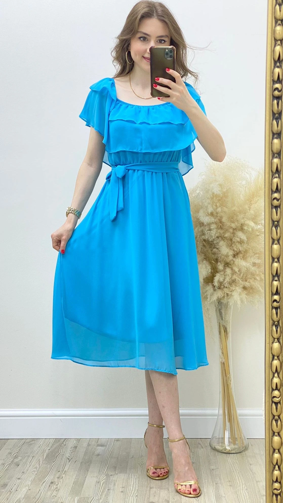 Fırfırlı Madonna Şifon Elbise Turkuaz