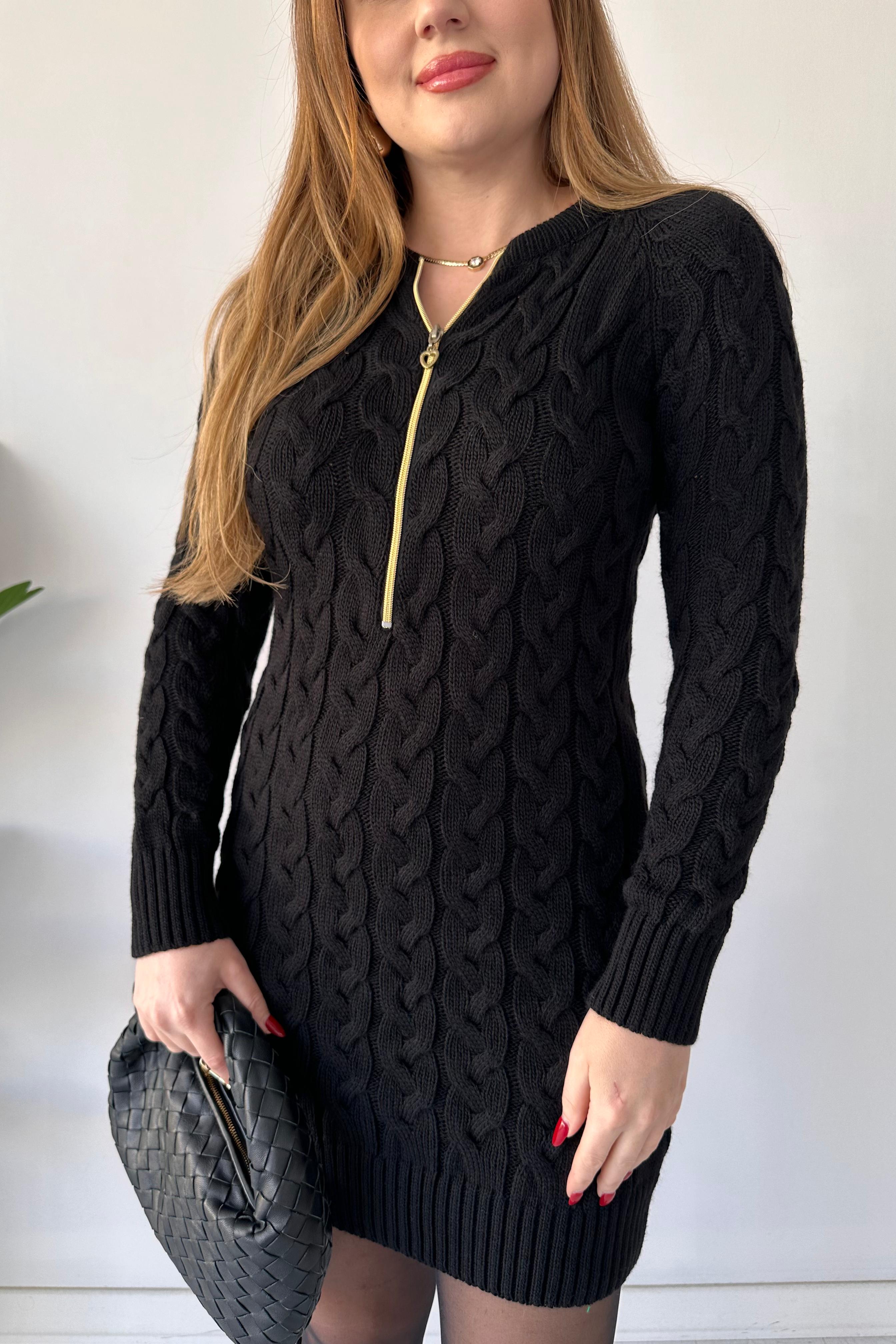 Saç Örgü Fermuar Detaylı Triko Elbise