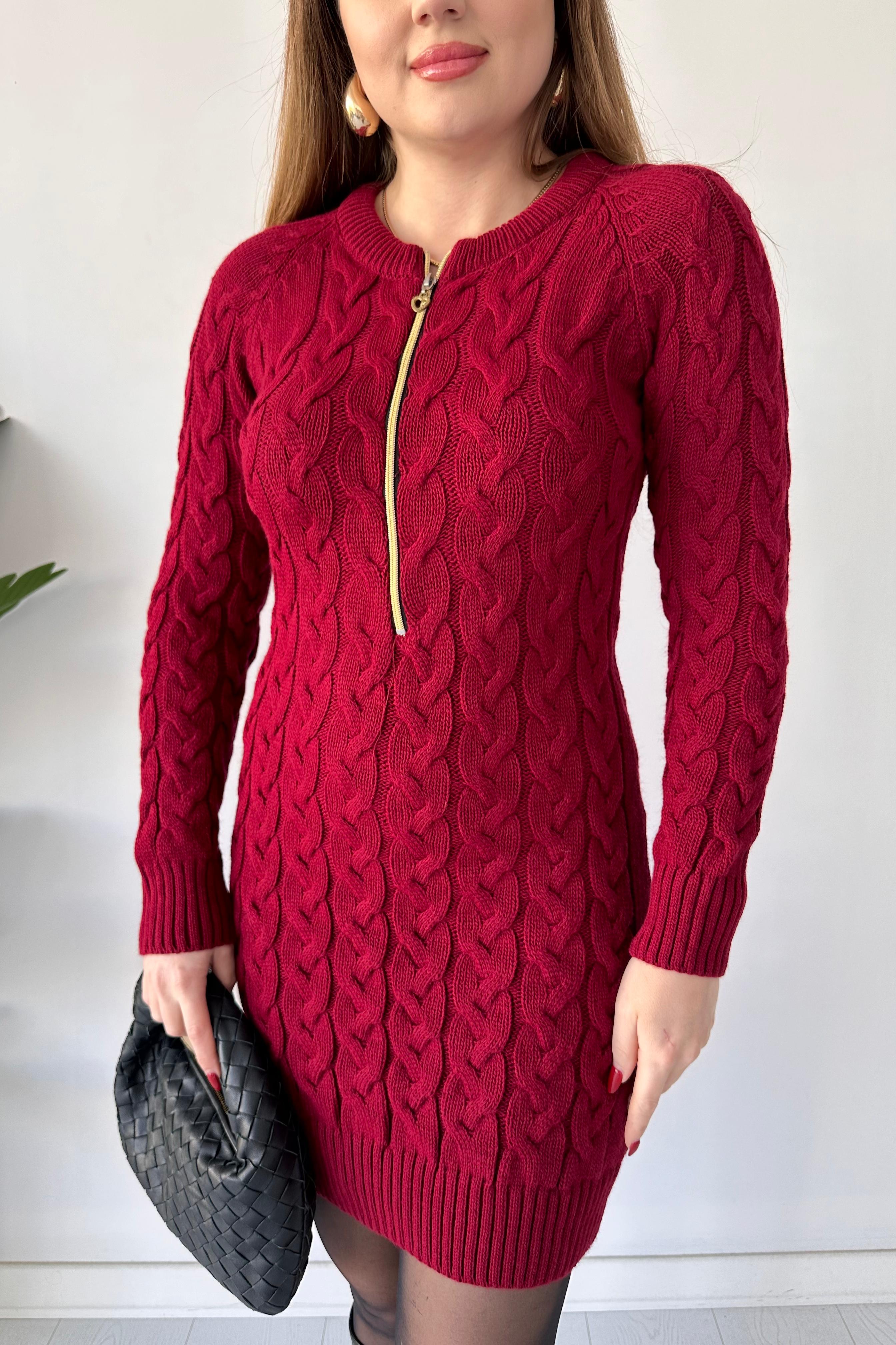 Saç Örgü Fermuar Detaylı Triko Elbise