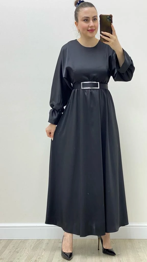Kemerli Maksi Saten Elbise Siyah