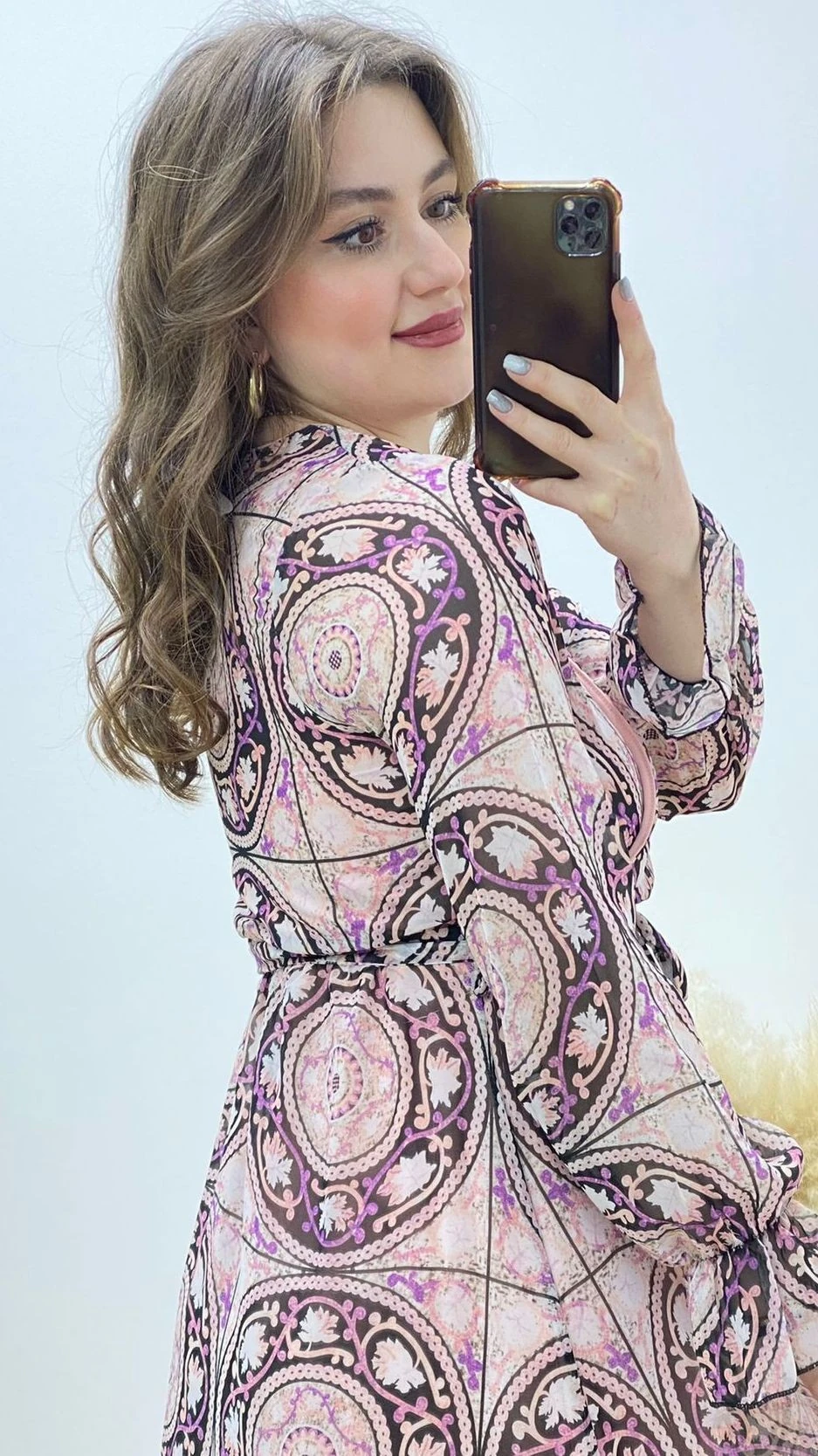 Çember Motifli Şifon Elbise Lila