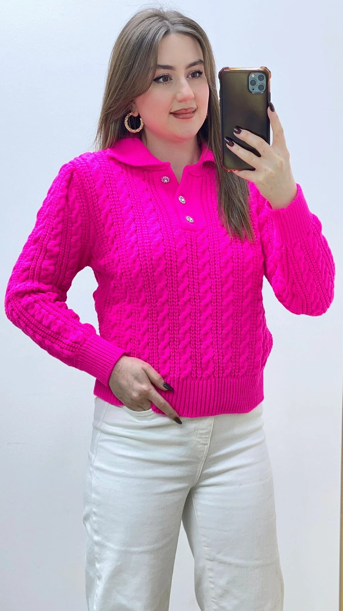 Taş Düğmeli Triko Kazak Fuşya