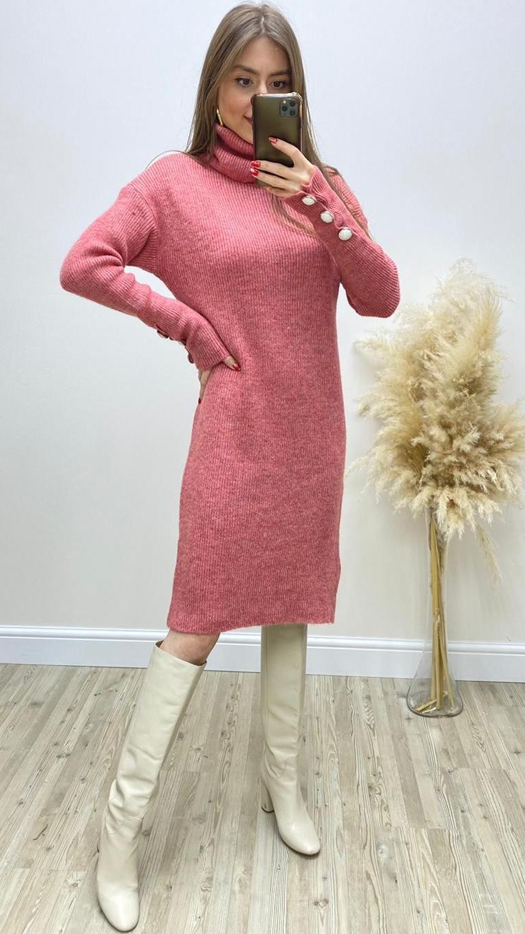 İnci Kol Triko Elbise Pembe