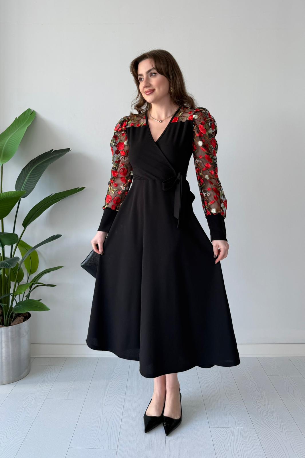 Organze Nakışlı Krep Elbise - Siyah