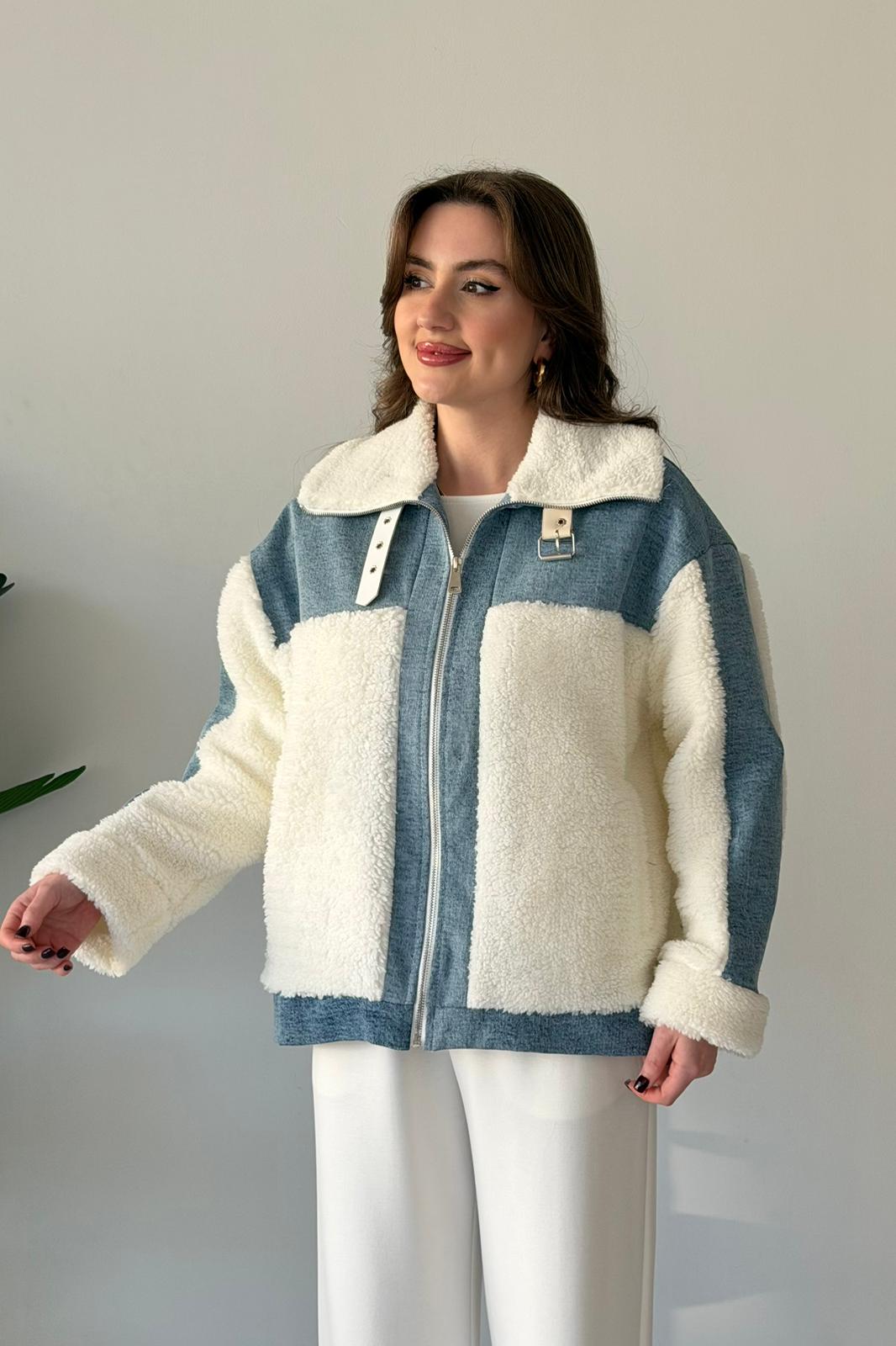 Denim Garnili Peluş Ceket - Mavi