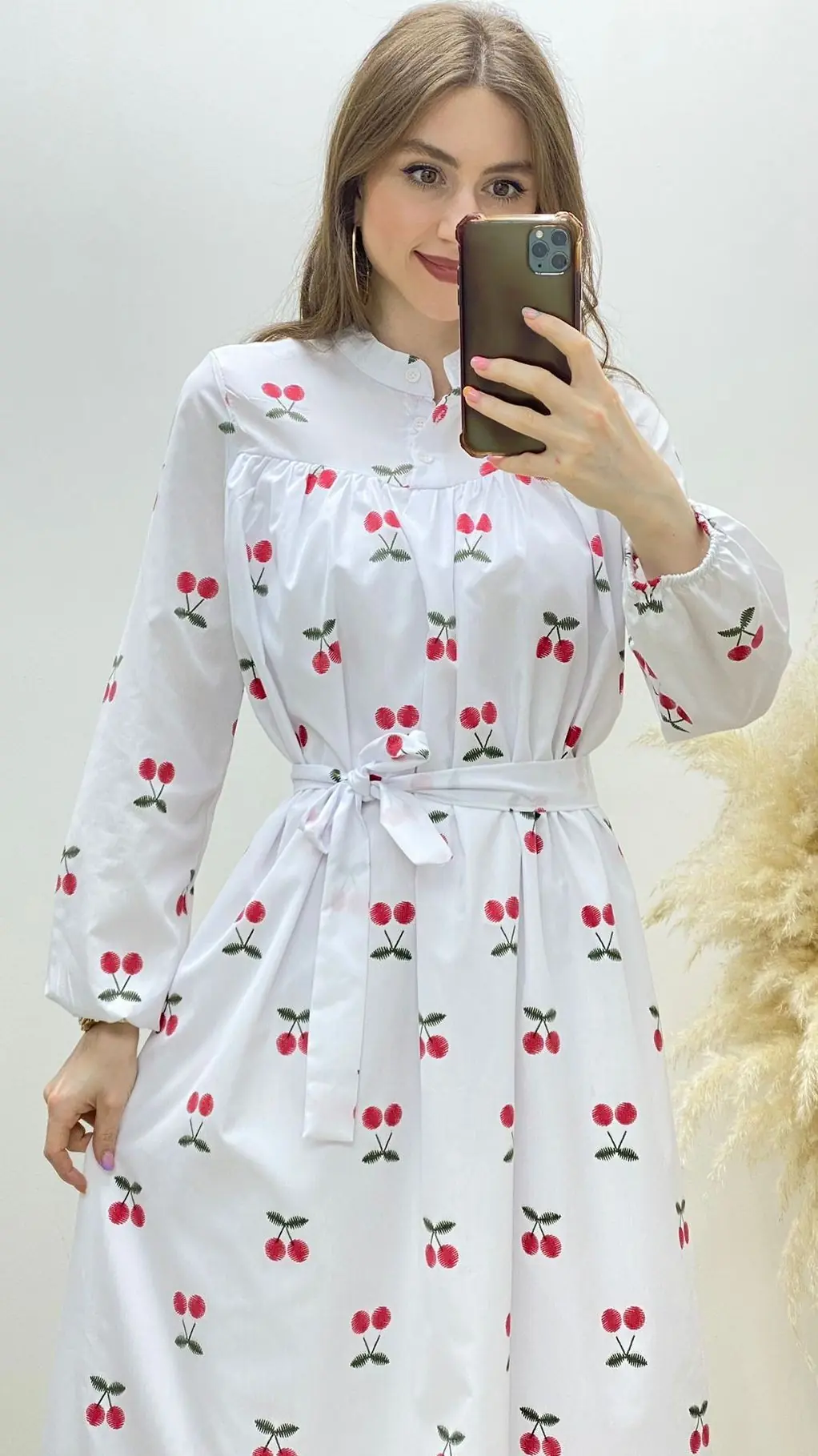 Baskı Kirazlı Maksi Poplin Elbise Beyaz · 6