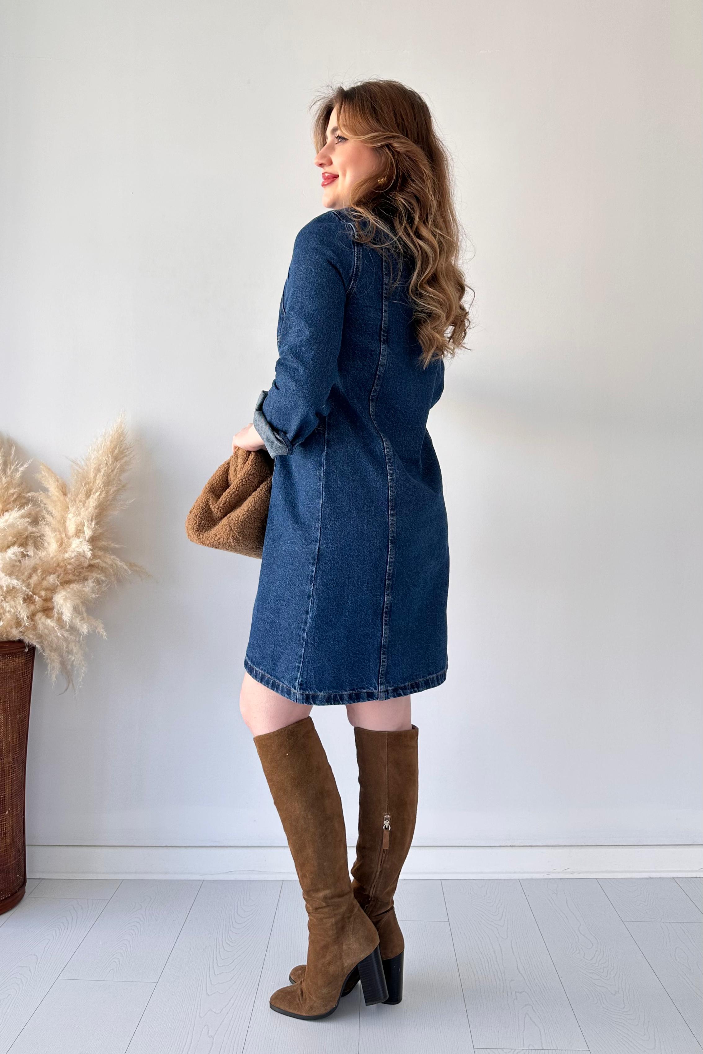 Cep Detay Denim Elbise