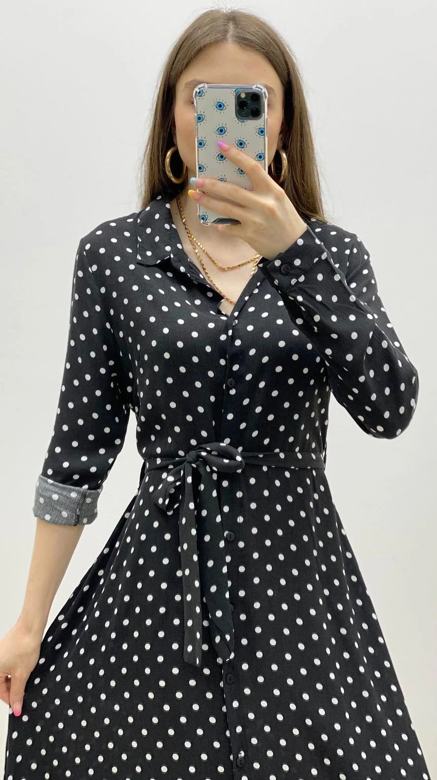 Puantiyeli Viskon Gömlek Elbise Siyah