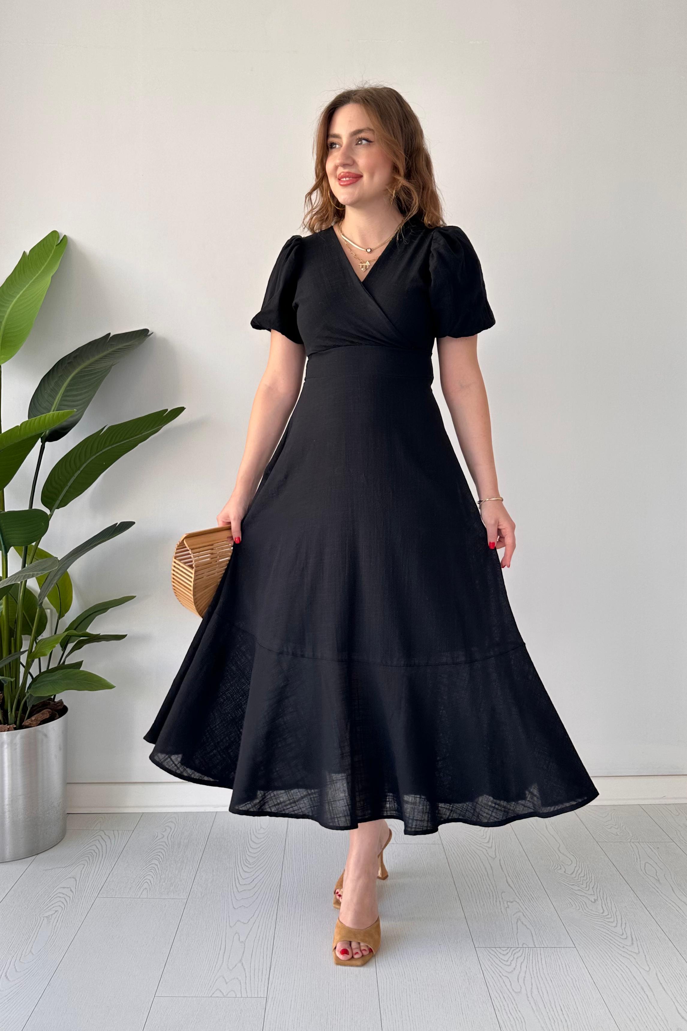 Eteği Volan Keten Elbise