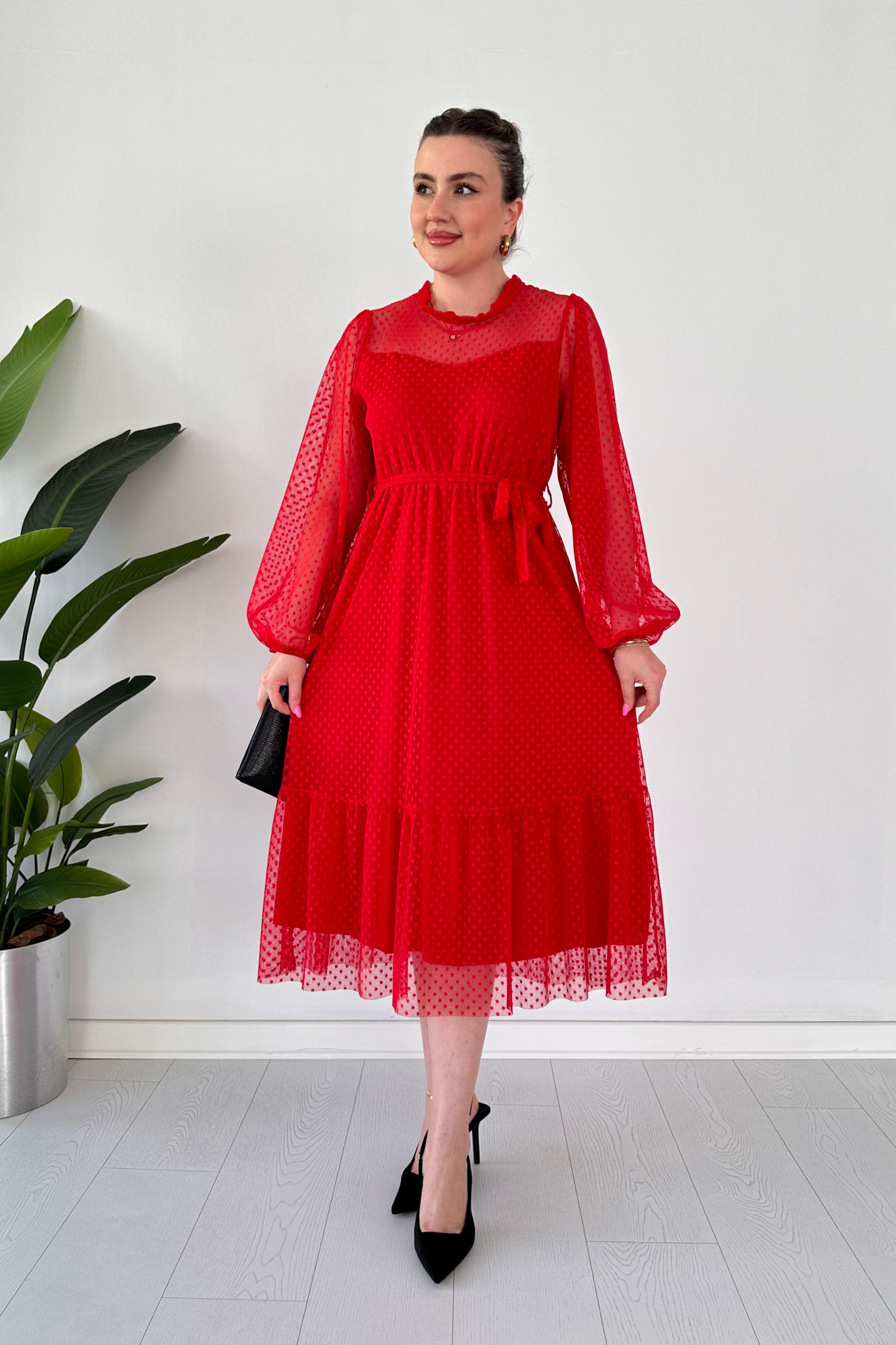 Puan Floklu Tül Elbise